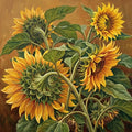 Thumbnail for Diamond painting of yellow sunflowers and green leaves on a warm background.