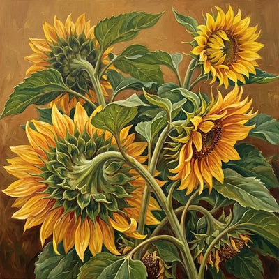Diamond painting of yellow sunflowers and green leaves on a warm background.
