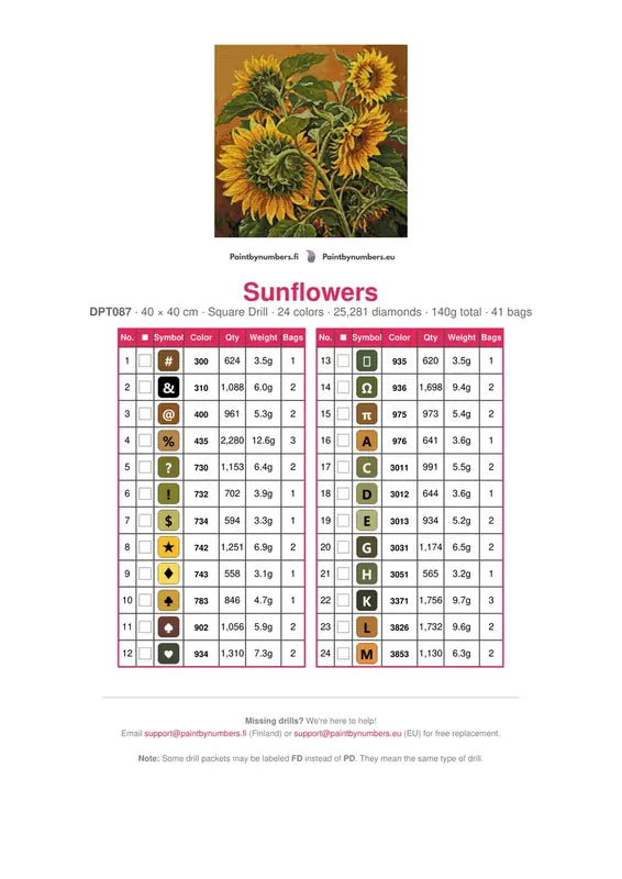 Sunflowers diamond painting color chart – 24 DMC colors