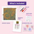 Thumbnail for Sunflowers 40x40cm diamond painting kit contents: adhesive canvas, color chart, tools and diamond bags