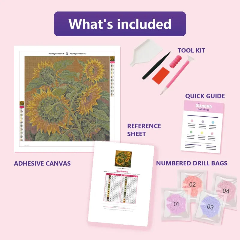 Sunflowers 40x40cm diamond painting kit contents: adhesive canvas, color chart, tools and diamond bags