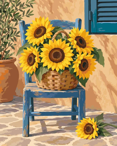 Sunflowers in basket on blue chair paint by numbers