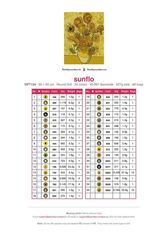 DMC color chart for Sunflowers Vase With 15 diamond painting - 35 colors