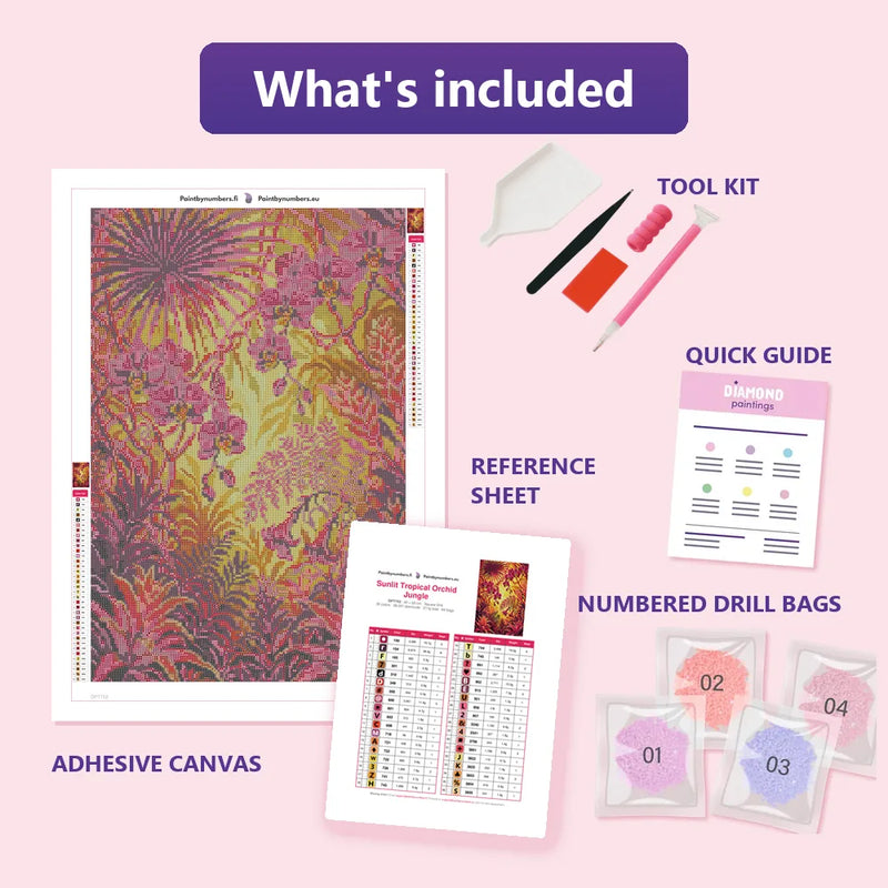What is included in the Sunlit Tropical Orchid Jungle diamond painting kit - adhesive canvas, reference sheet, tools and numbered drill bags