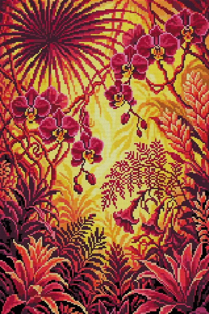 Sunlit Tropical Orchid Jungle, 40x60 cm diamond painting – full design preview without the close-up inset