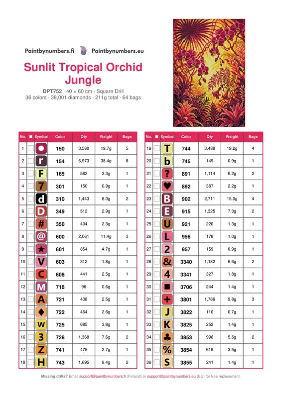 DMC color chart for Sunlit Tropical Orchid Jungle diamond painting - 36 colors