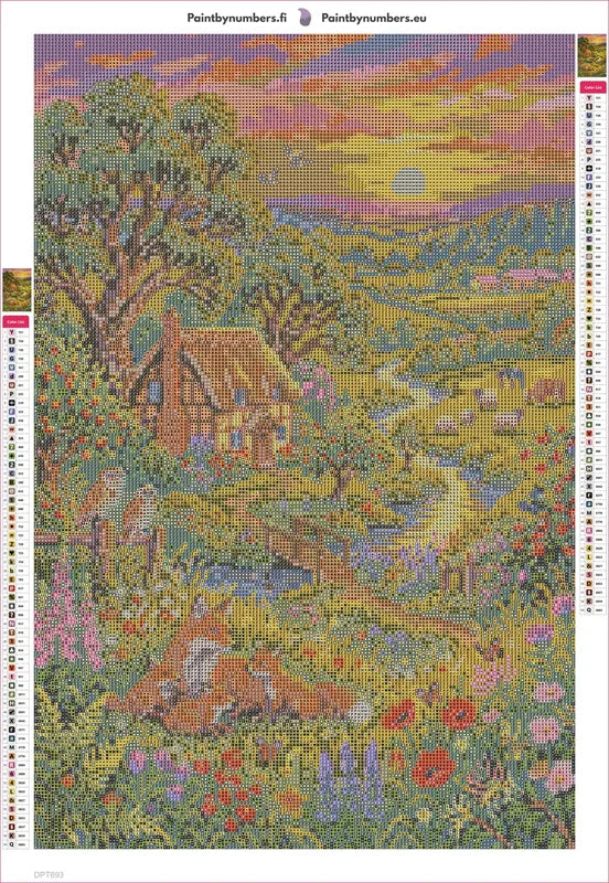 Diamond painting adhesive canvas preview - Sunset Fox Family Countryside