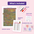 Thumbnail for What is included in the Sunset Fox Family Countryside diamond painting kit - adhesive canvas, reference sheet, tools and numbered drill bags