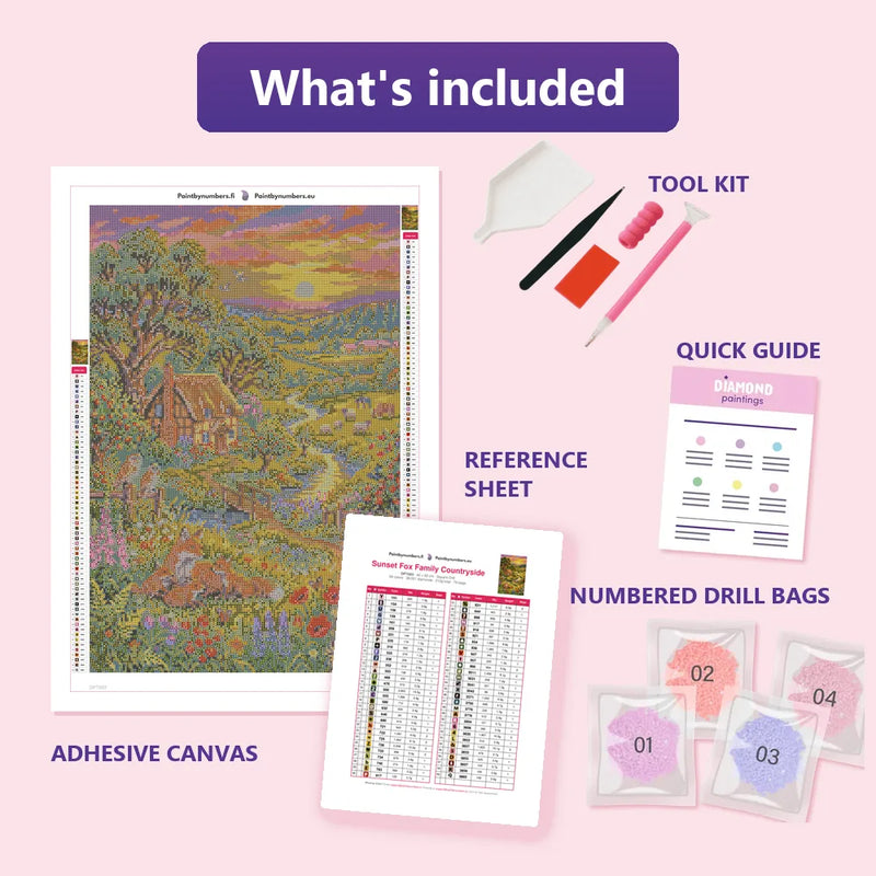 What is included in the Sunset Fox Family Countryside diamond painting kit - adhesive canvas, reference sheet, tools and numbered drill bags