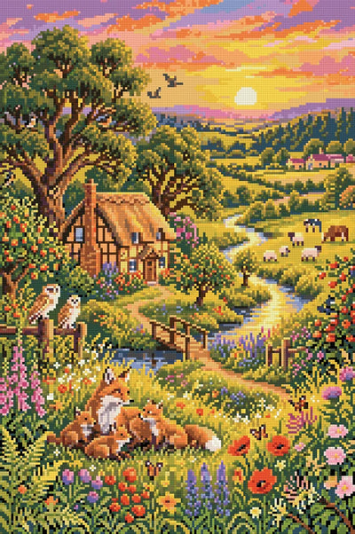 Diamond painting-motiv med rävungar bland blommor vid en stuga med ugglor på ett staket