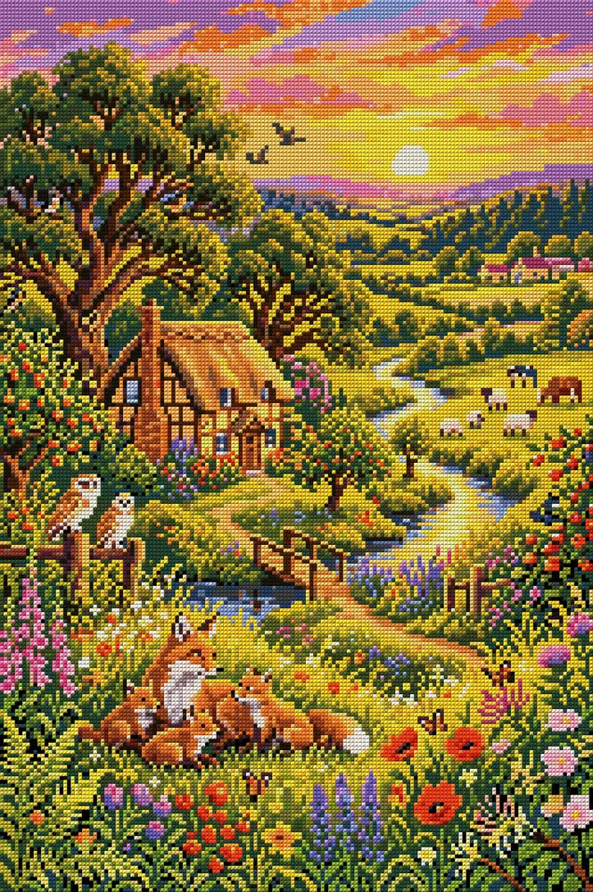 Sunset Fox Family Countryside, 40x60 cm diamond painting – full design preview without the close-up inset
