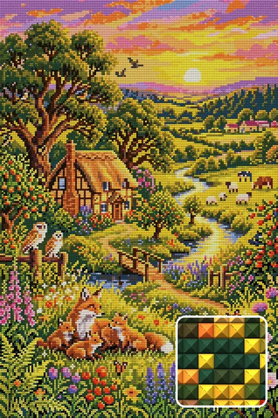 Sunset Fox Family Countryside, 40x60 cm diamond painting – finished design preview with a close-up of square drills
