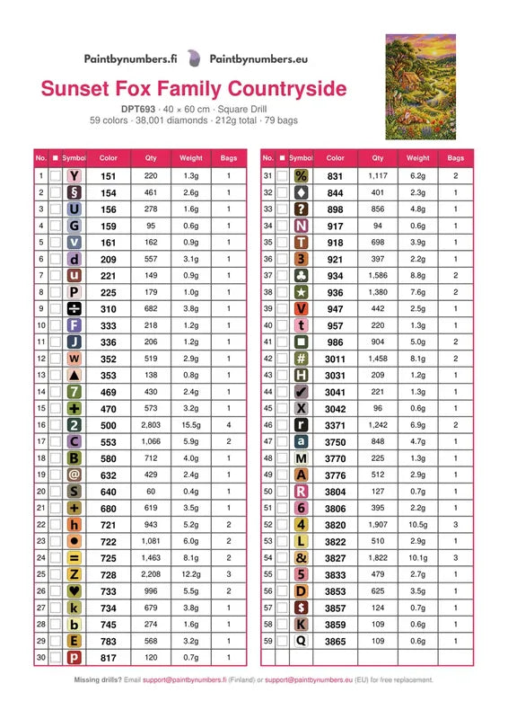 DMC color chart for Sunset Fox Family Countryside diamond painting - 59 colors