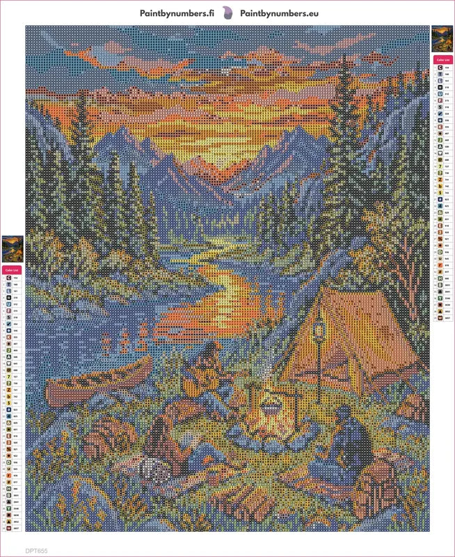 Diamond painting adhesive canvas preview - Sunset Mountain Campfire Gathering