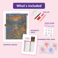 Thumbnail for What is included in the Sunset Mountain Campfire Gathering diamond painting kit - adhesive canvas, reference sheet, tools and numbered drill bags