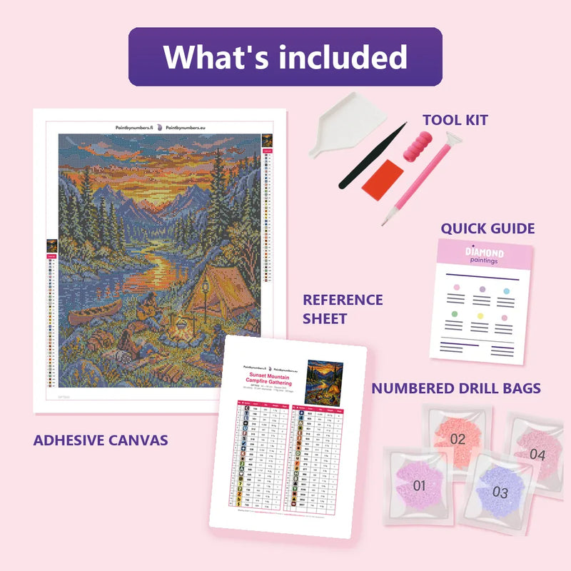 What is included in the Sunset Mountain Campfire Gathering diamond painting kit - adhesive canvas, reference sheet, tools and numbered drill bags