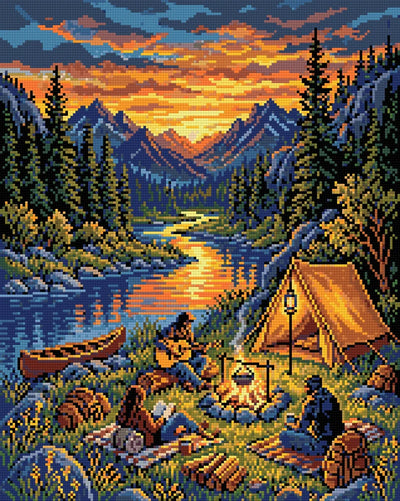 Diamond painting-motiv med en lägereld vid en flod med tält, kanot och blå berg