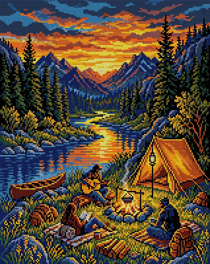 Sunset Mountain Campfire Gathering, 40x50 cm diamond painting – full design preview without the close-up inset