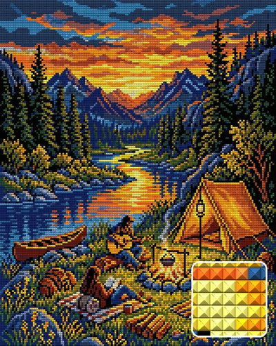 Sunset Mountain Campfire Gathering, 40x50 cm diamond painting – finished design preview with a close-up of square drills