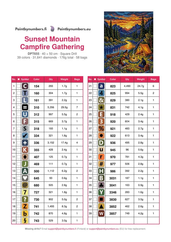 DMC color chart for Sunset Mountain Campfire Gathering diamond painting - 39 colors