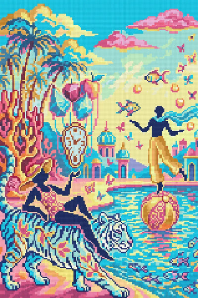Förhandsbild av diamantmönstret: figur på en vit tiger under en palm med svävande klockor, fiskar och ballonger