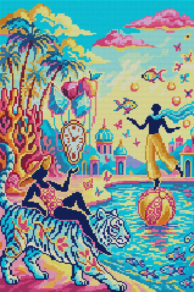 Surreal Tropical Fantasy Scene, 40x60 cm diamond painting – full design preview without the close-up inset