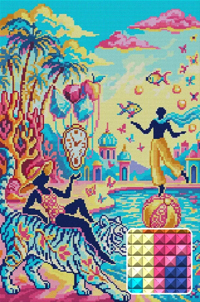 Surreal Tropical Fantasy Scene, 40x60 cm diamond painting – finished design preview with a close-up of square drills