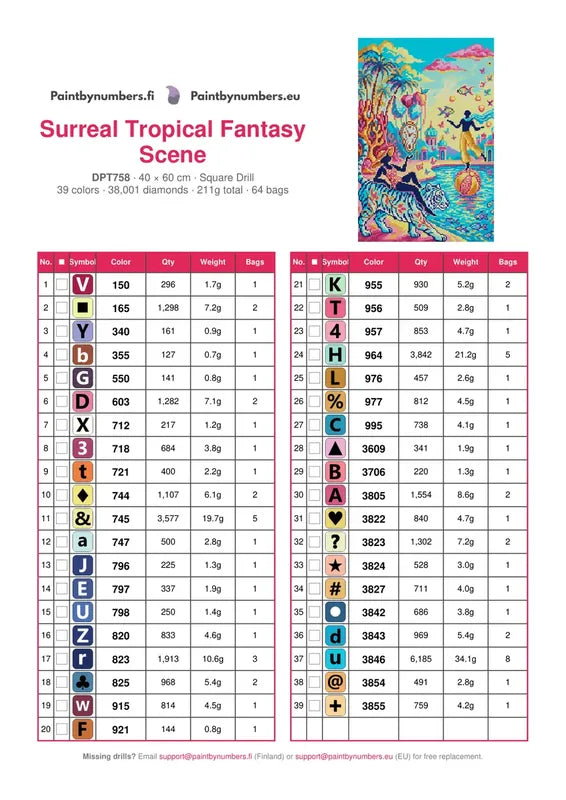 DMC color chart for Surreal Tropical Fantasy Scene diamond painting - 39 colors