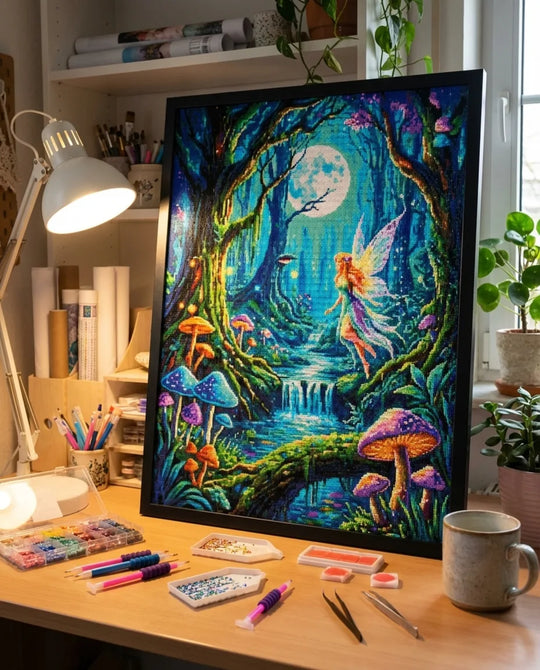 A finished diamond painting in a frame on a desk, next to diamond painting tools