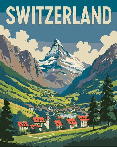Switzerland travel poster Paint By Numbers, alpine scenery and mountains