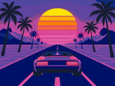Sports car, palm trees and sunset paint by numbers