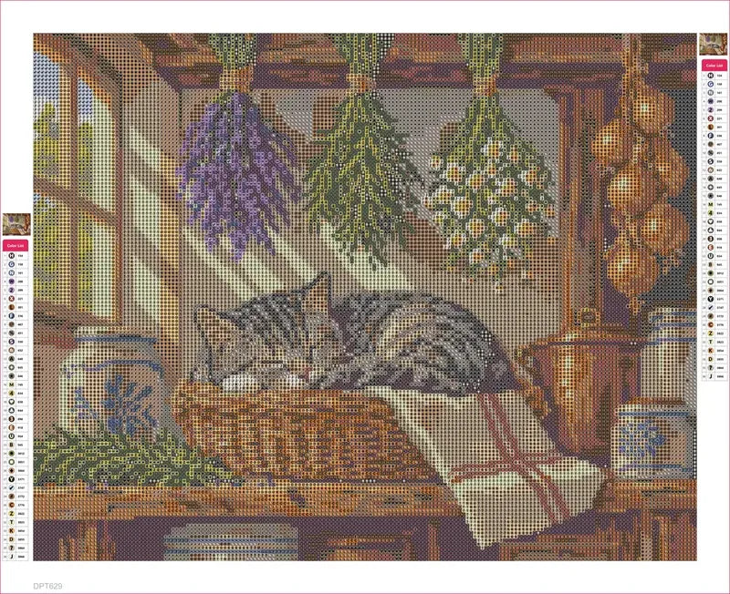 Diamond painting adhesive canvas preview - Tabby Cat among Drying Herbs