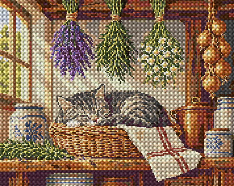 tabby cat sleeping among drying herbs in a pantry, 50x40 cm diamond painting – full design preview