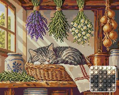 tabby cat sleeping among drying herbs in a pantry, 50x40 cm diamond painting – design and close-up of round drills