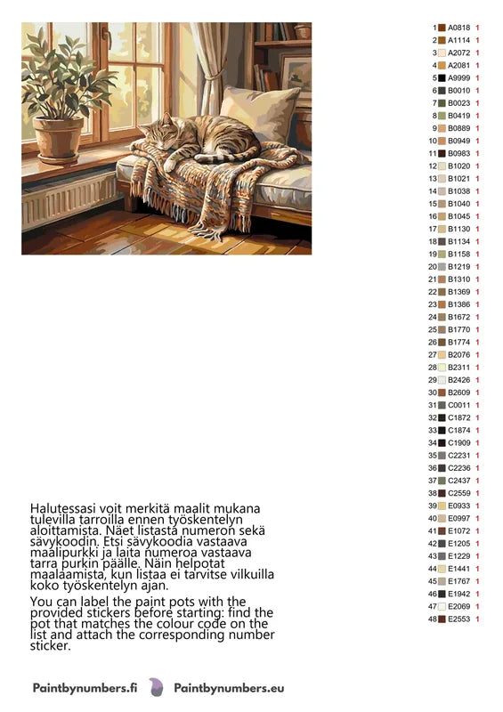 Paint color chart and instructions - Tabby Cat on Blanket 50x40cm