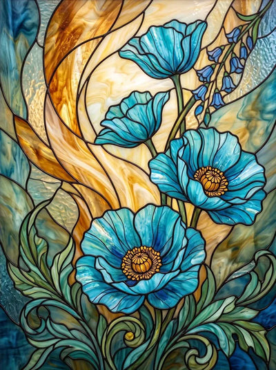 Diamond Painting of blue flowers with stained glass-style background in gold and green tones.