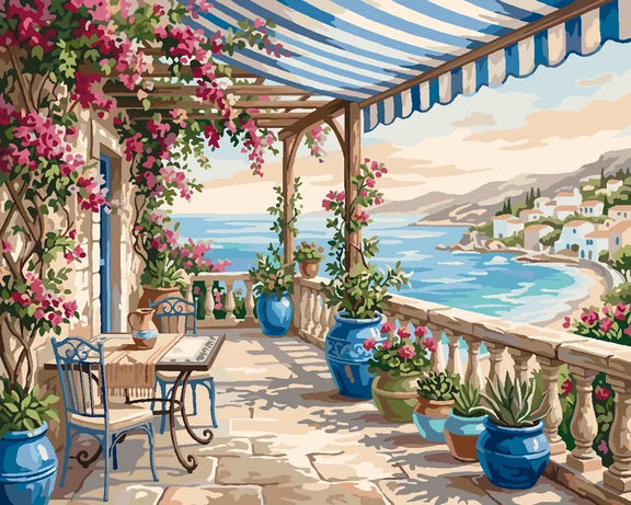Terrace with potted plants and sea view paint by numbers.