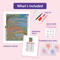 Thumbnail for What is included in the The Apricot Coupe Picnic diamond painting kit - adhesive canvas, reference sheet, tools and numbered drill bags
