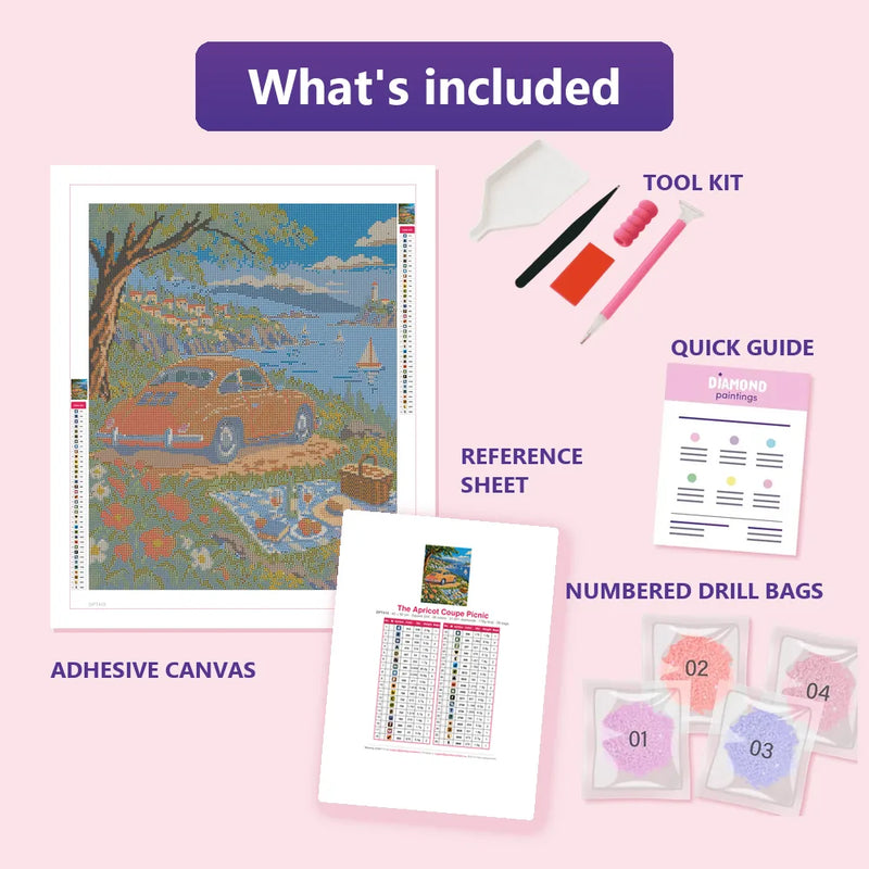 What is included in the The Apricot Coupe Picnic diamond painting kit - adhesive canvas, reference sheet, tools and numbered drill bags