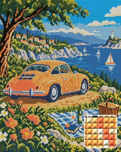 The Apricot Coupe Picnic, 40x50 cm diamond painting – finished design preview with a close-up of square drills