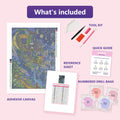 Thumbnail for What is included in the The Astronomers Bamboo Moon diamond painting kit - adhesive canvas, reference sheet, tools and numbered drill bags
