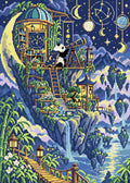 Miniatyrbild: En panda med teleskop i ett månformat observatorium bland svävande öar