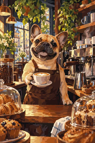 French bulldog as barista in café paint by numbers.