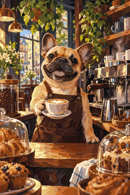 French bulldog as barista in café paint by numbers.
