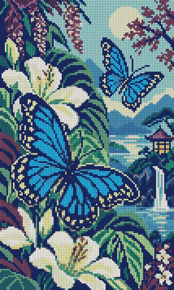 The Blue Butterfly Fern Room, 30x50 cm diamond painting – full design preview without the close-up inset