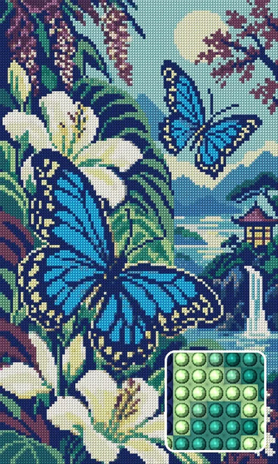 The Blue Butterfly Fern Room, 30x50 cm diamond painting – finished design preview with a close-up of round drills