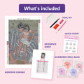 Thumbnail for What is included in the The Childs Bath diamond painting kit - adhesive canvas, reference sheet, tools and numbered drill bags