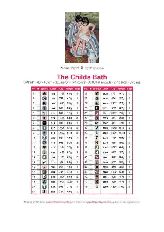 DMC color chart for The Childs Bath diamond painting - 41 colors