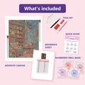 Thumbnail for What is included in the The Christmas Bookshop Window diamond painting kit - adhesive canvas, reference sheet, tools and numbered drill bags