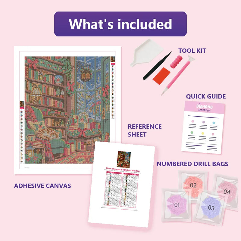 What is included in the The Christmas Bookshop Window diamond painting kit - adhesive canvas, reference sheet, tools and numbered drill bags